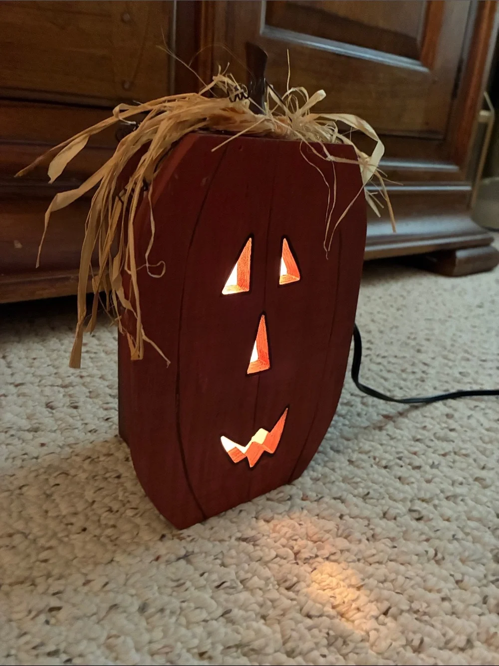 Halloween Red Wooden Jack-O'-Lantern Table Light